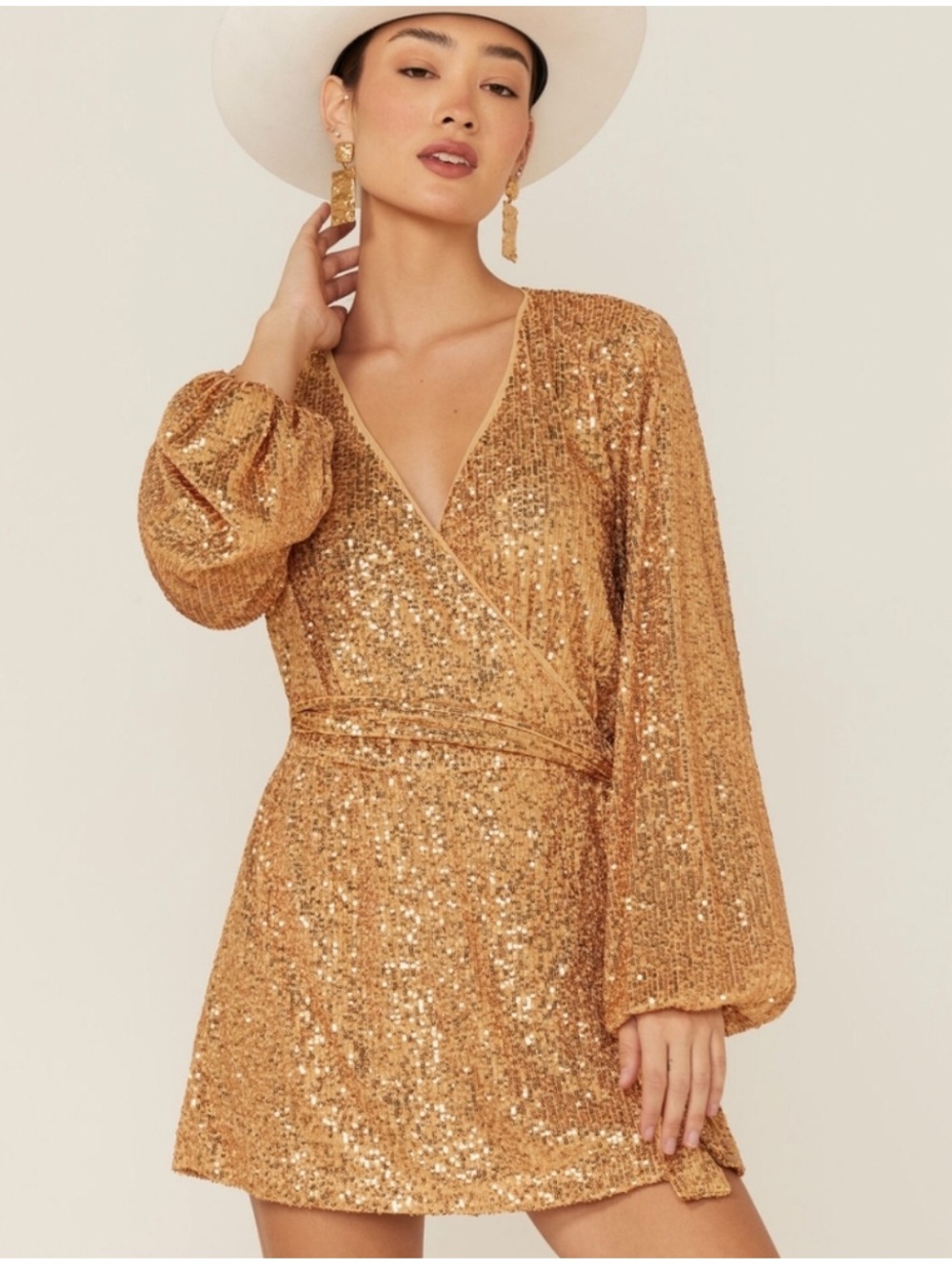 Free People Christa Sequin Long Sleeve Romper- Gold size M